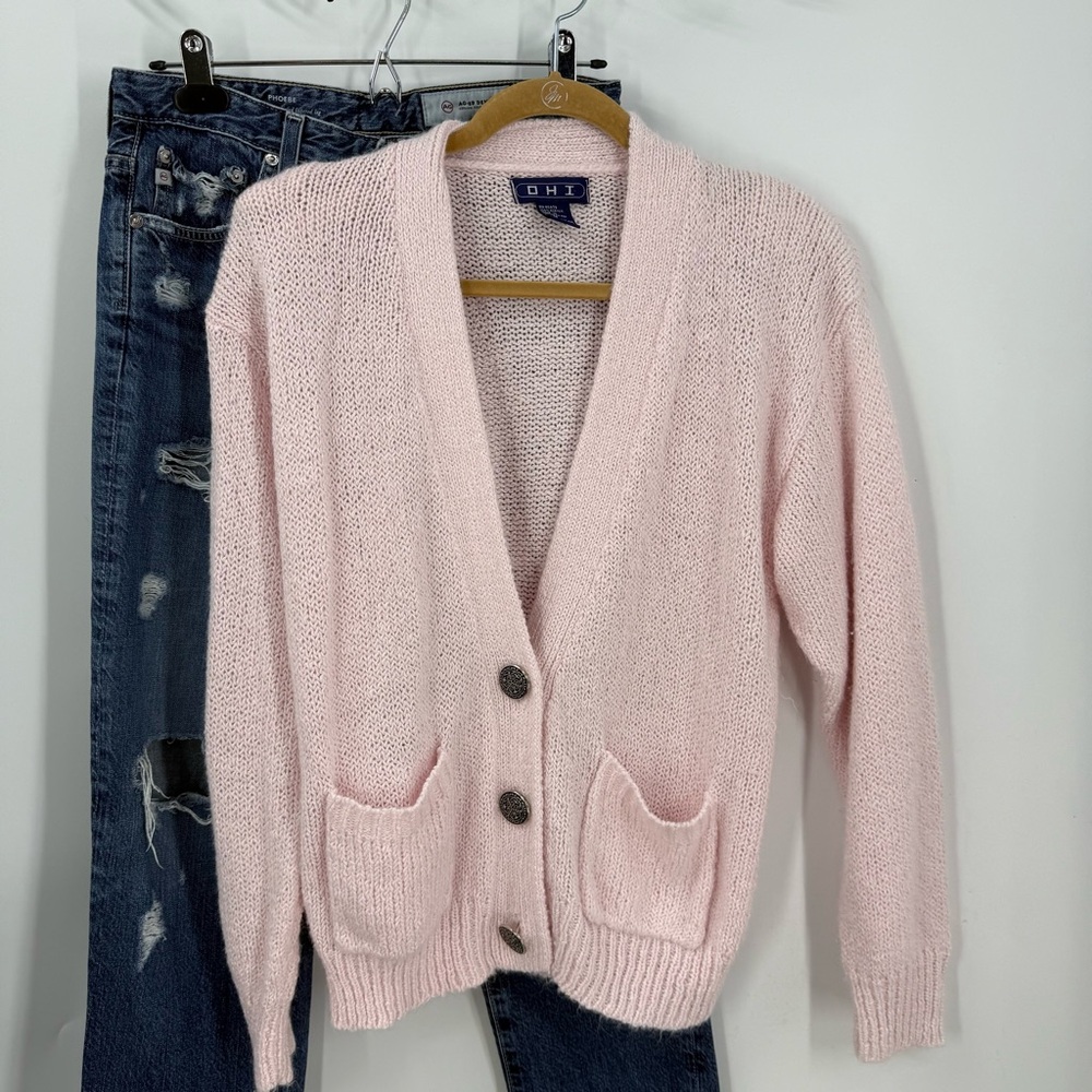 OHI vintage pink decorative button front V-neck cardigan, M